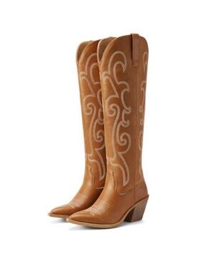 Rollda Cowboy Cowgirl Brown Tan Boots Embroidered Knee-High Side Zipper Women 7